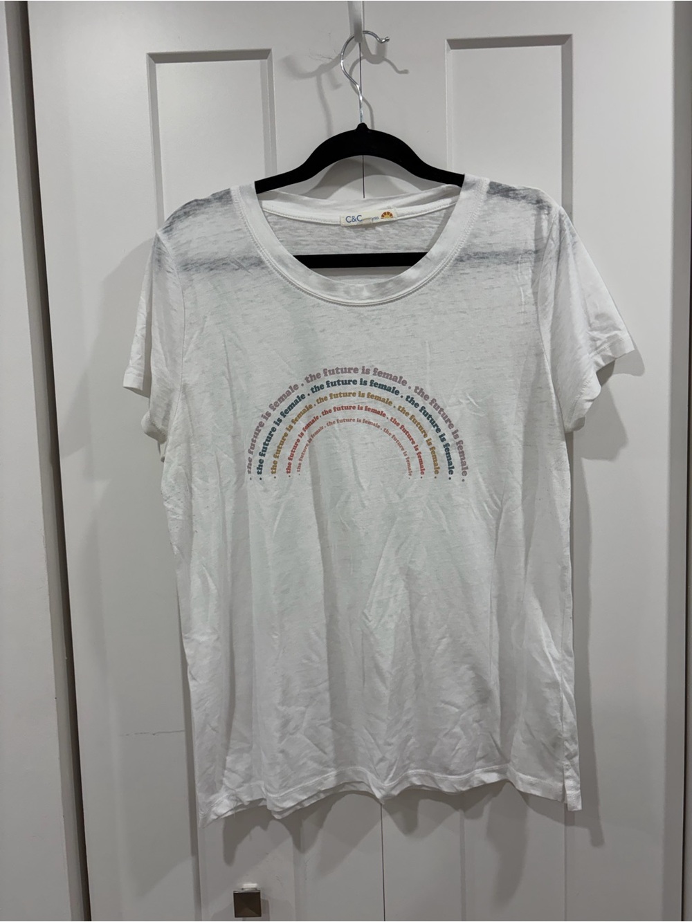 C&C California White Short-Sleeve Tee with Multicolor Rainbow Text